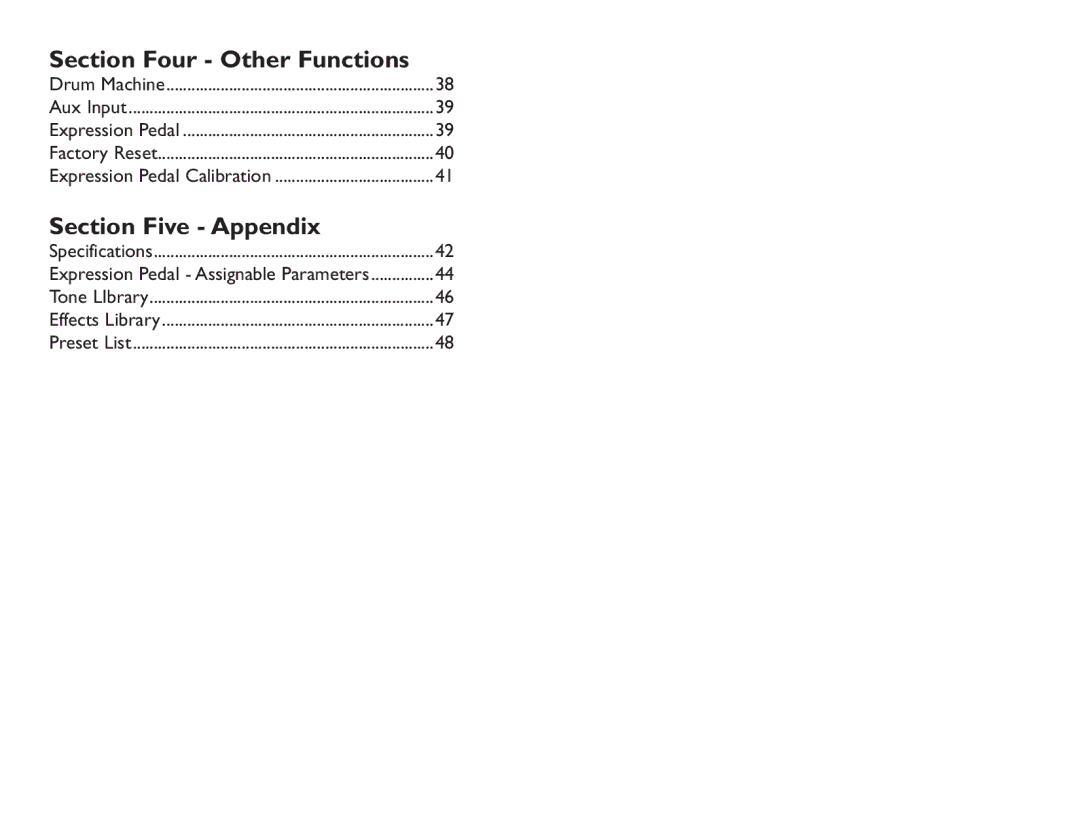 DigiTech RP250 user manual Section Four Other Functions, Section Five Appendix 