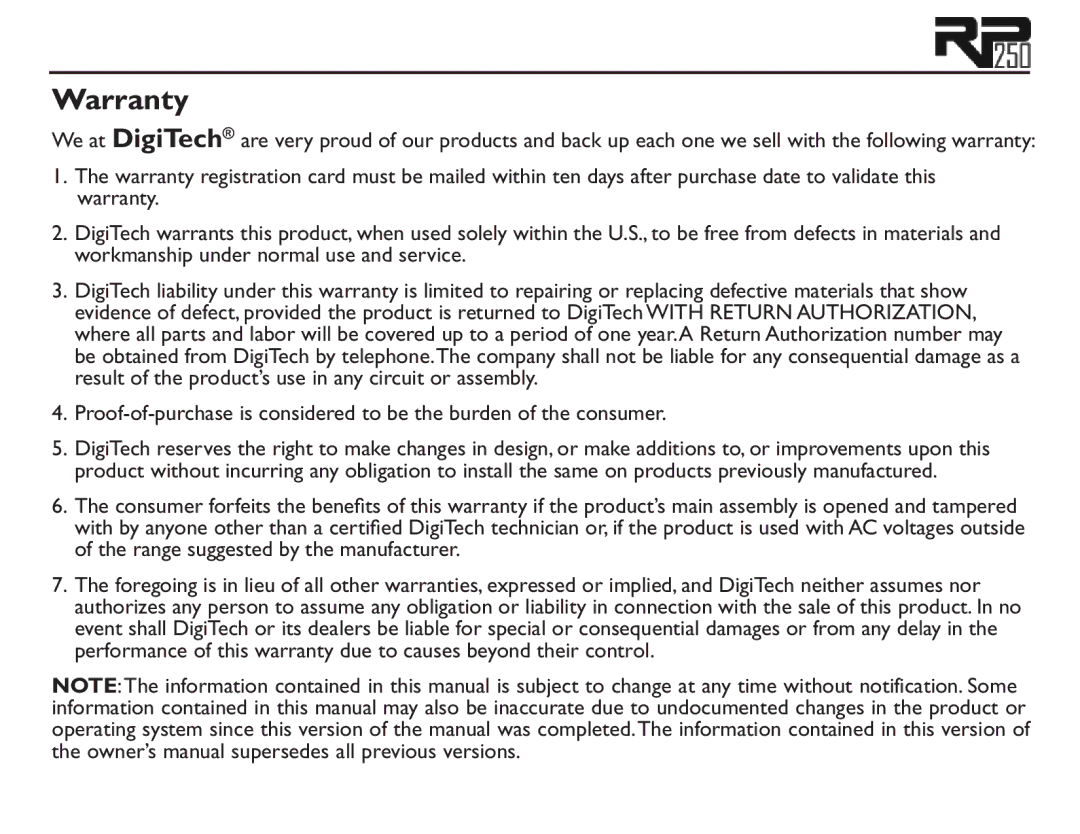 DigiTech RP250 user manual Warranty 