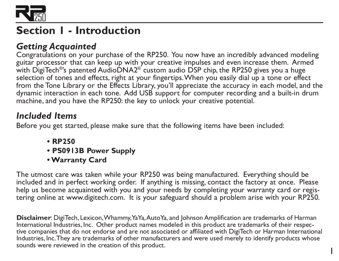 DigiTech user manual Getting Acquainted, Included Items, RP250 PS0913B Power Supply Warranty Card 