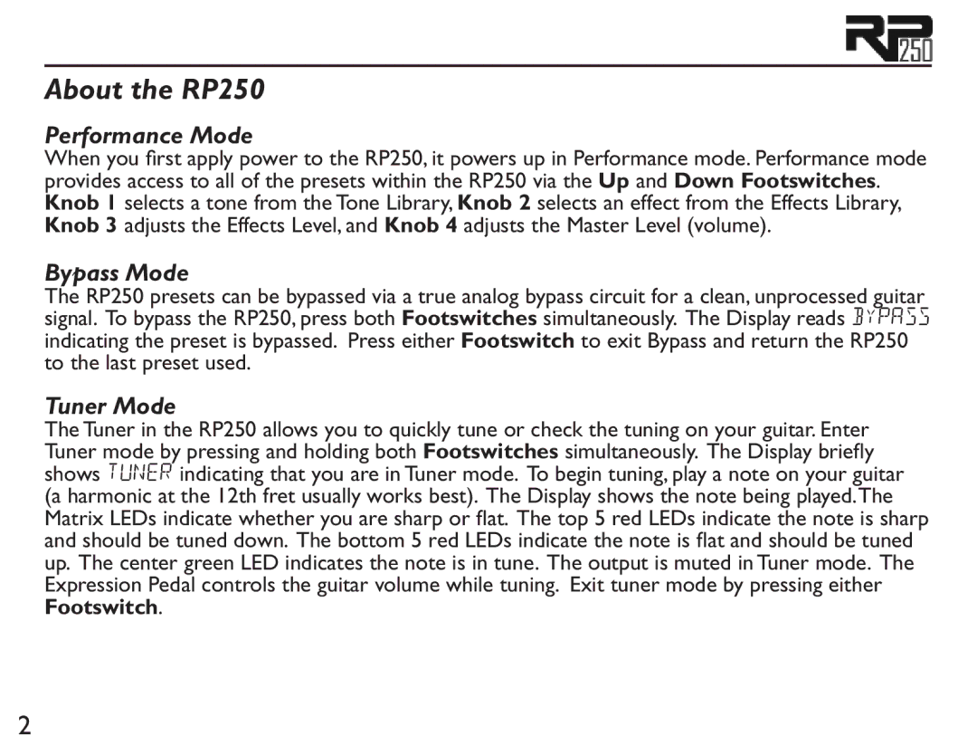 DigiTech user manual About the RP250, Performance Mode, Bypass Mode, Tuner Mode 