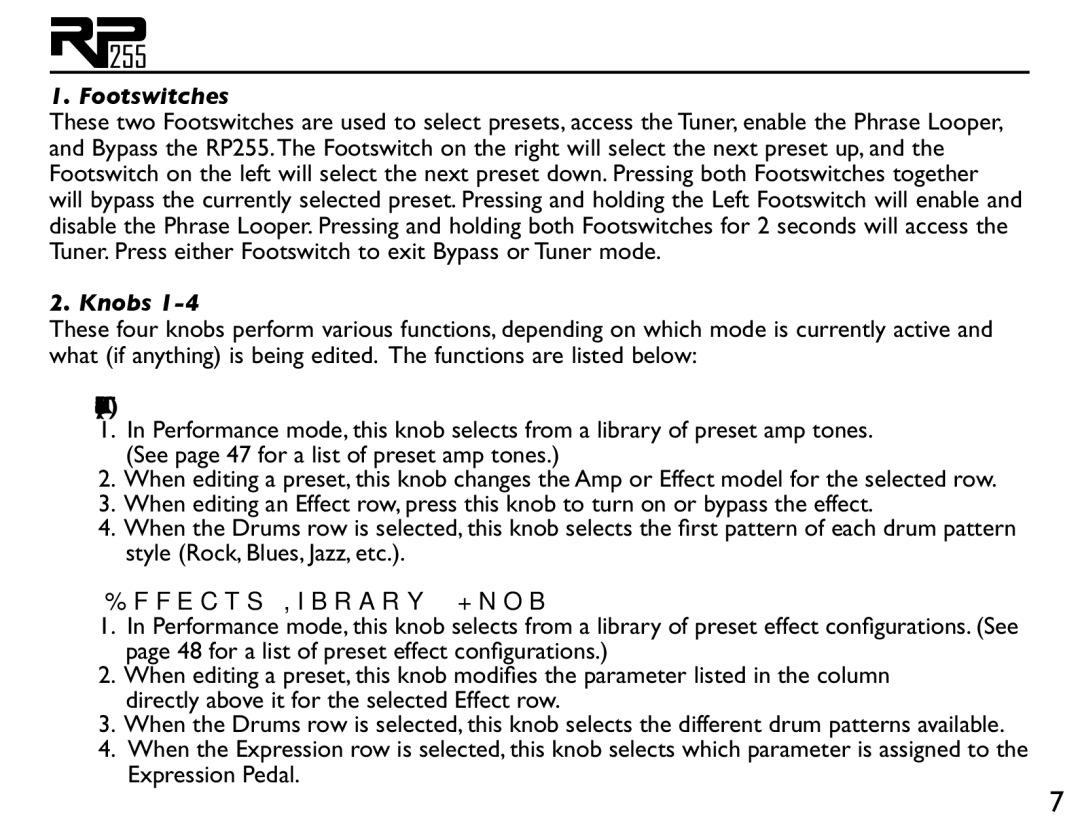 DigiTech RP255 owner manual Tone Library Knob, Effects Library Knob 