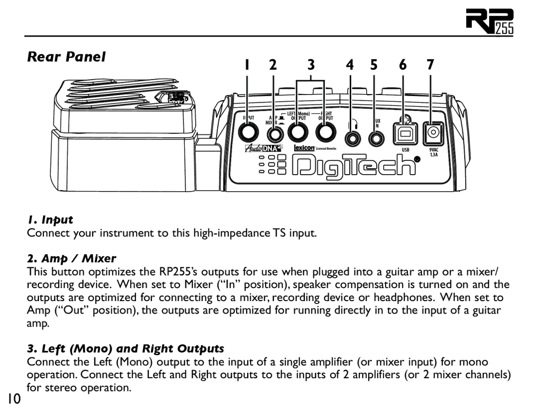 DigiTech RP255 owner manual Rear Panel, Amp / Mixer 