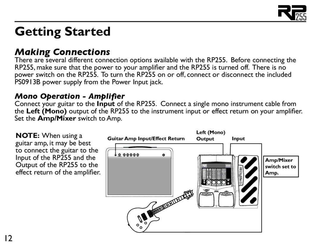 DigiTech RP255 owner manual Making Connections, Mono Operation Amplifier 