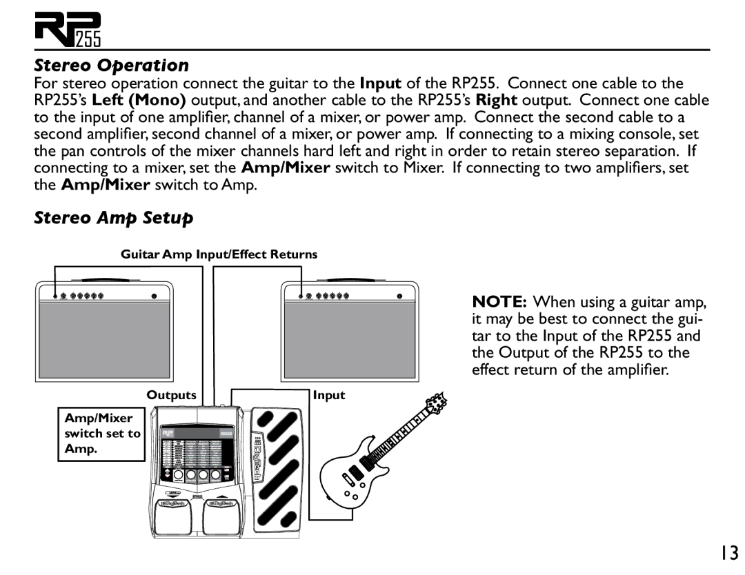 DigiTech RP255 owner manual Stereo Operation, Stereo Amp Setup 