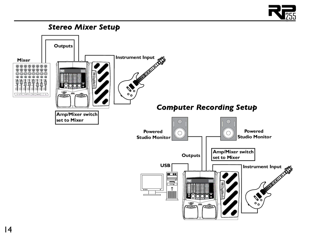 DigiTech RP255 owner manual Stereo Mixer Setup, Computer Recording Setup 