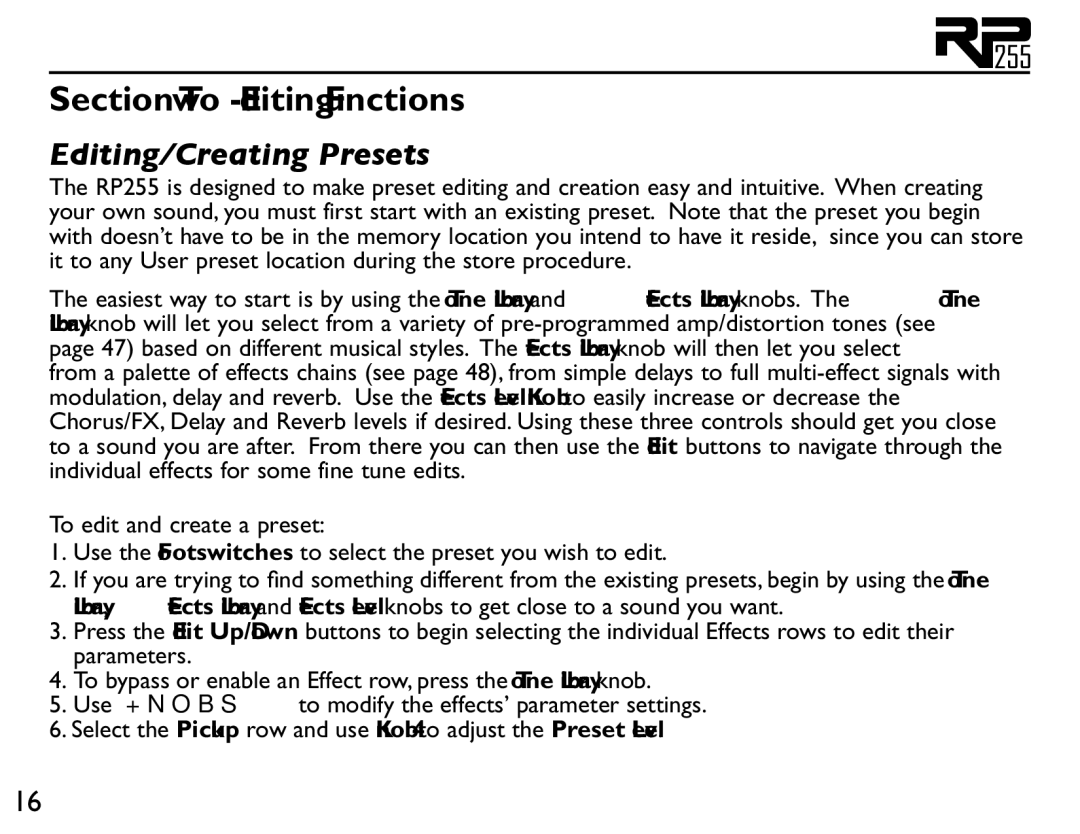 DigiTech RP255 owner manual Section Two Editing Functions, Editing/Creating Presets 