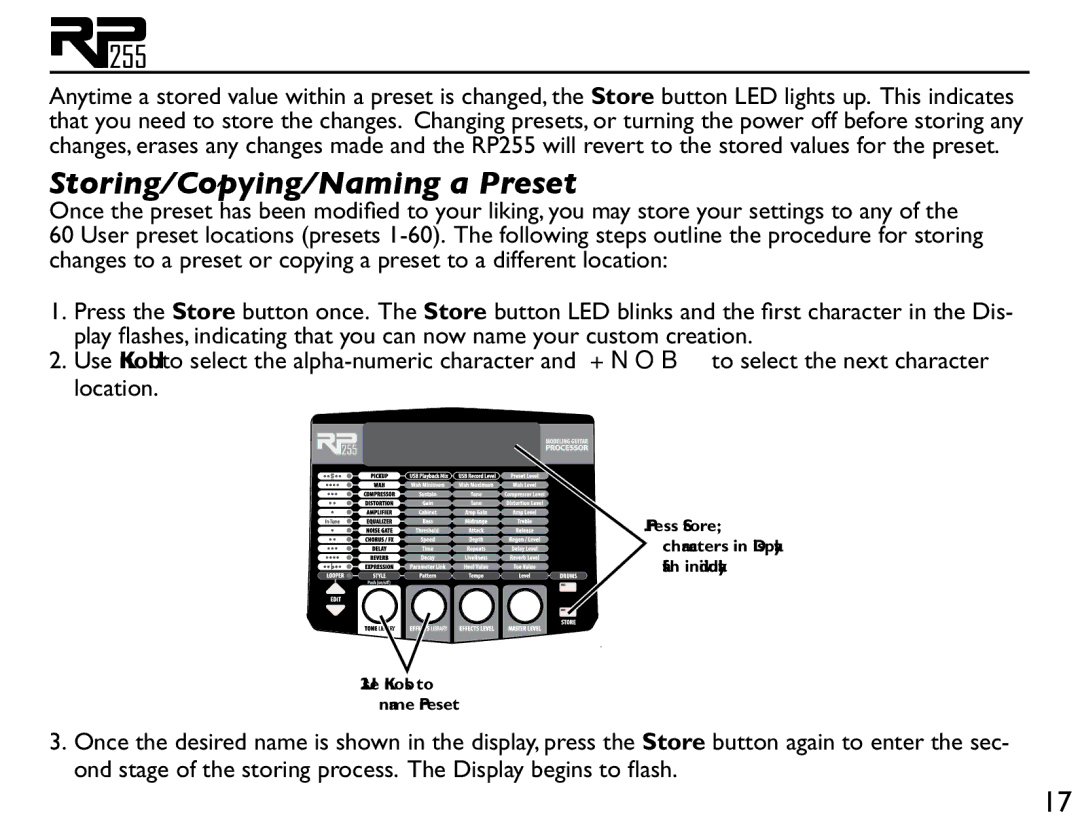 DigiTech RP255 owner manual Storing/Copying/Naming a Preset 