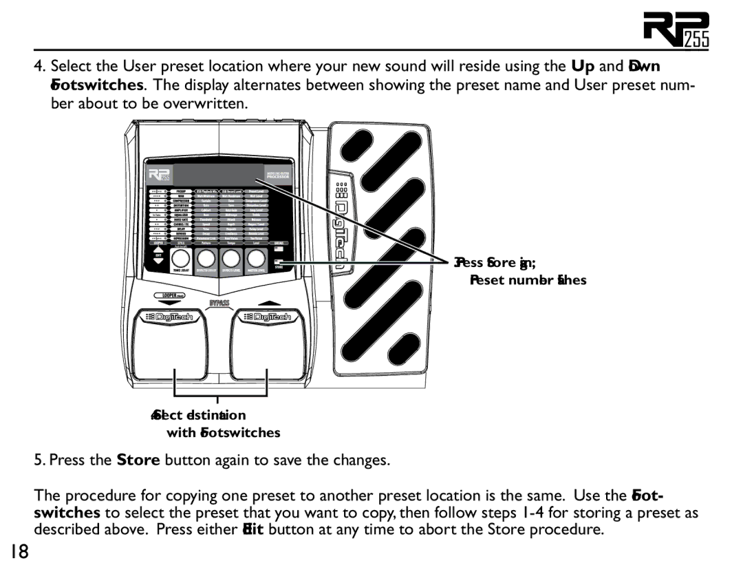 DigiTech RP255 owner manual Press the Store button again to save the changes 