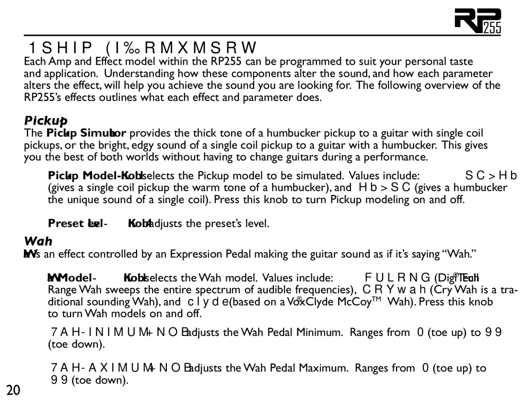 DigiTech RP255 owner manual Model Definitions, Pickup, Wah 