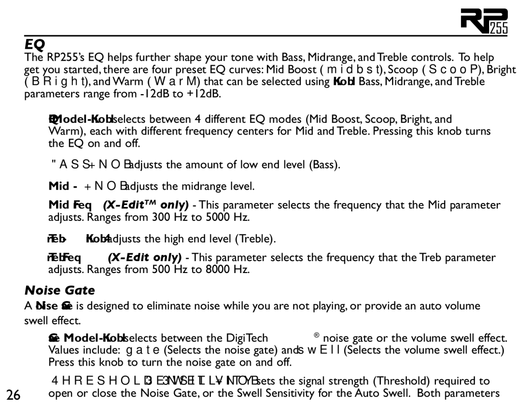 DigiTech RP255 owner manual Noise Gate, Press this knob to turn the noise gate on and off 