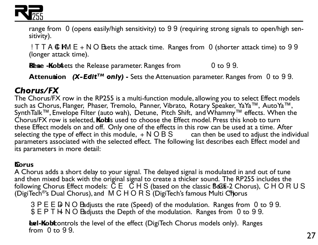 DigiTech RP255 owner manual Chorus/FX, From 0 to 