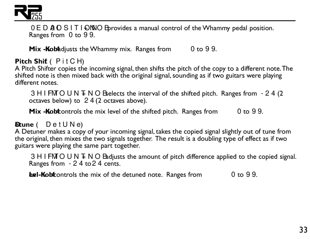 DigiTech RP255 owner manual Pitch Shift PitCH 