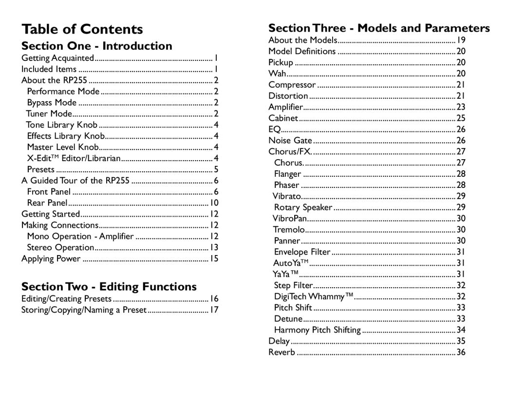 DigiTech RP255 owner manual Table of Contents 