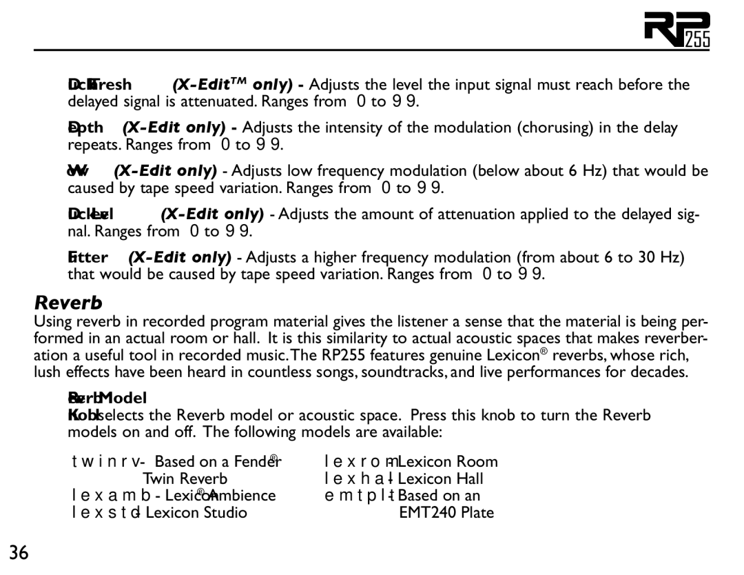 DigiTech RP255 owner manual Reverb Model 