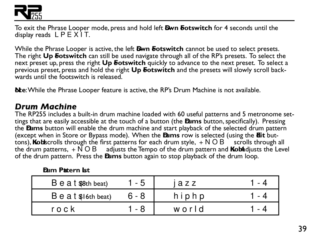 DigiTech RP255 owner manual Drum Machine, Drum Pattern List 