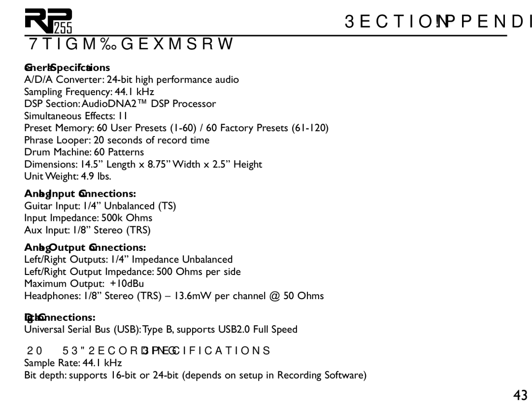 DigiTech RP255 owner manual Appendix, Specifications 