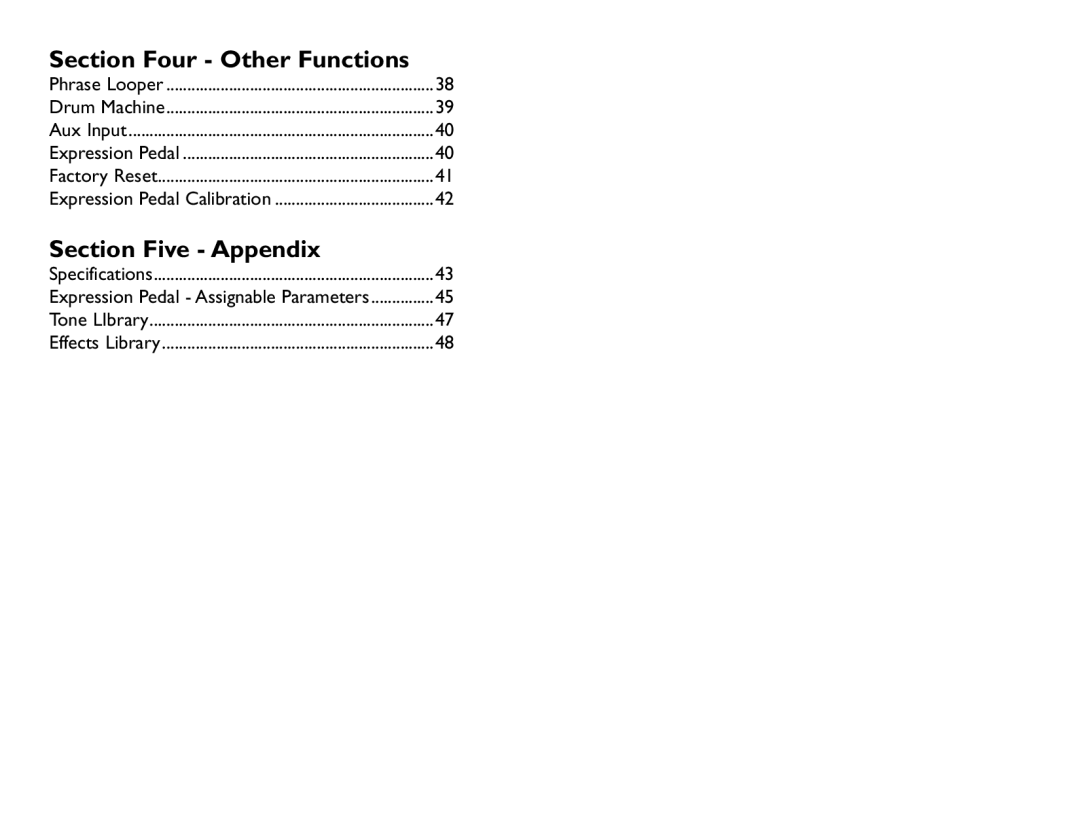 DigiTech RP255 owner manual Section Four Other Functions, Section Five Appendix 