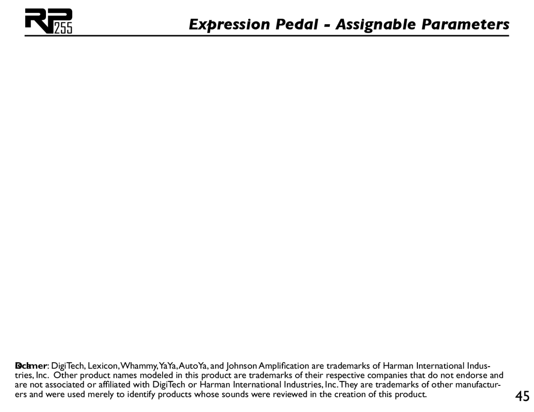 DigiTech RP255 owner manual Expression Pedal Assignable Parameters 