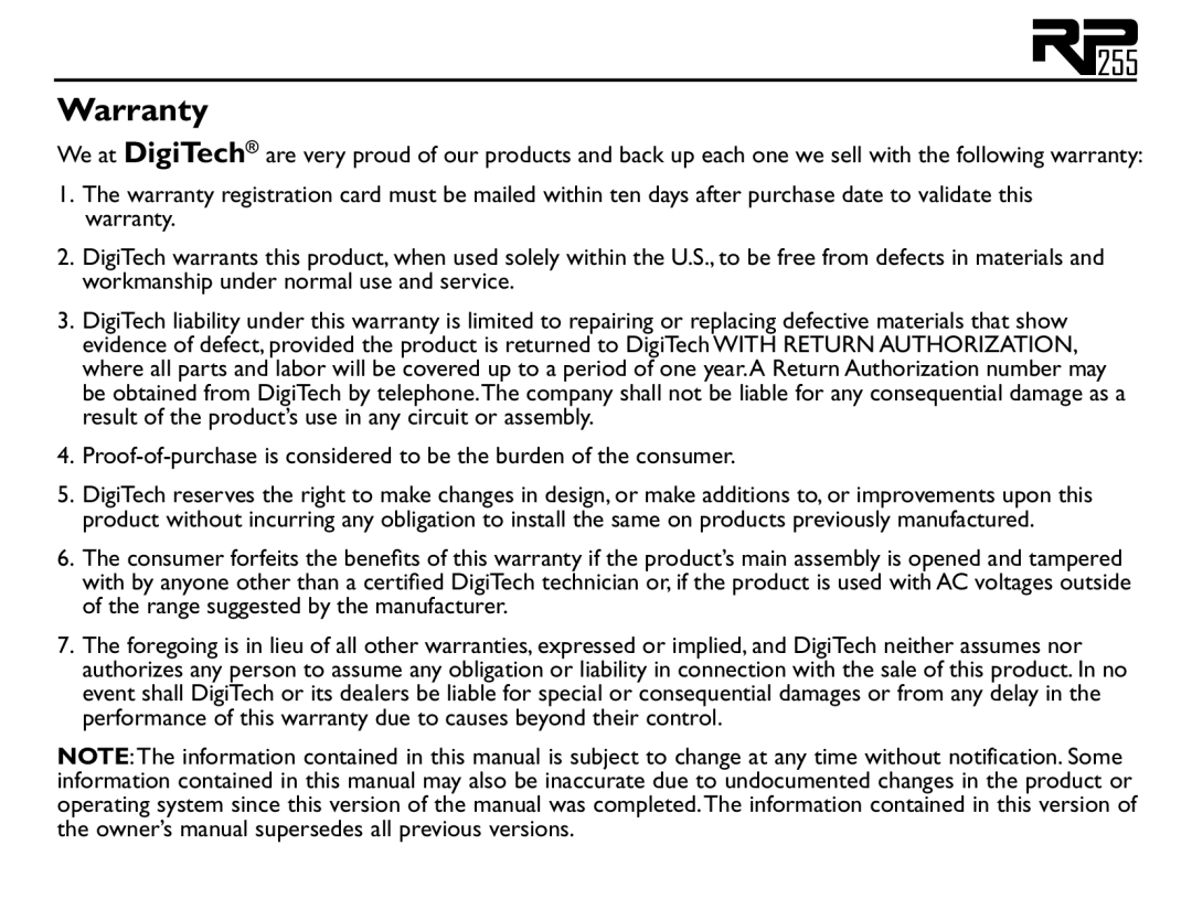 DigiTech RP255 owner manual Warranty 