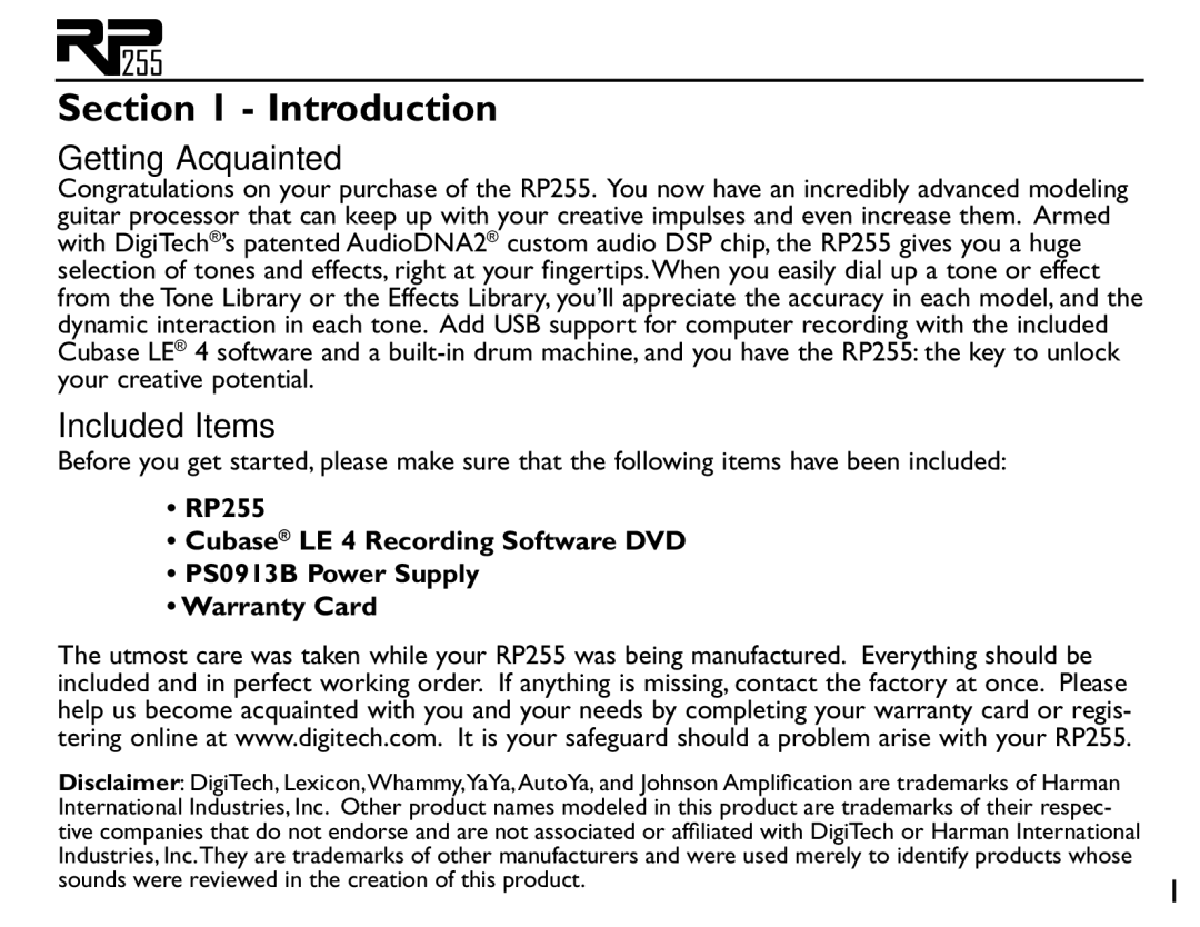 DigiTech RP255 owner manual Getting Acquainted, Included Items 