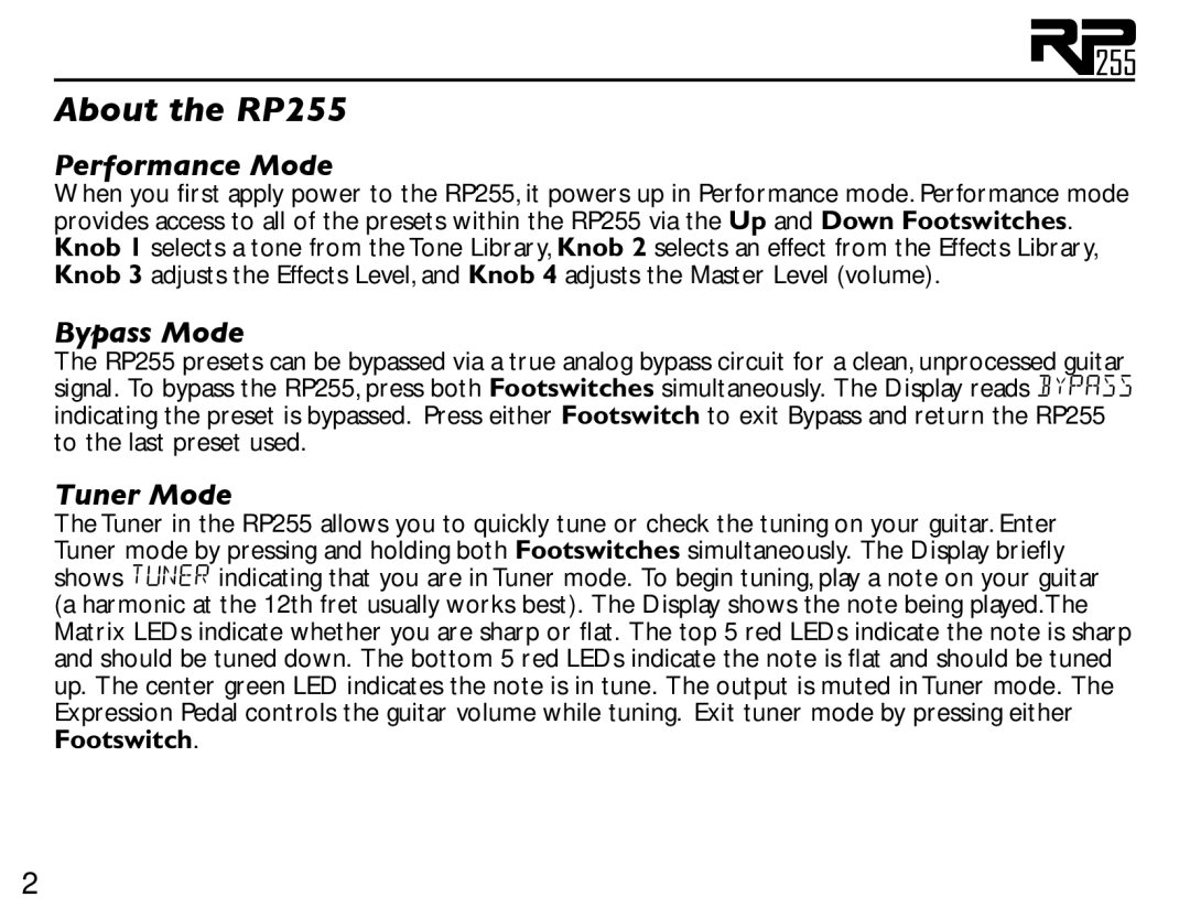 DigiTech owner manual About the RP255, Performance Mode, Bypass Mode, Tuner Mode 