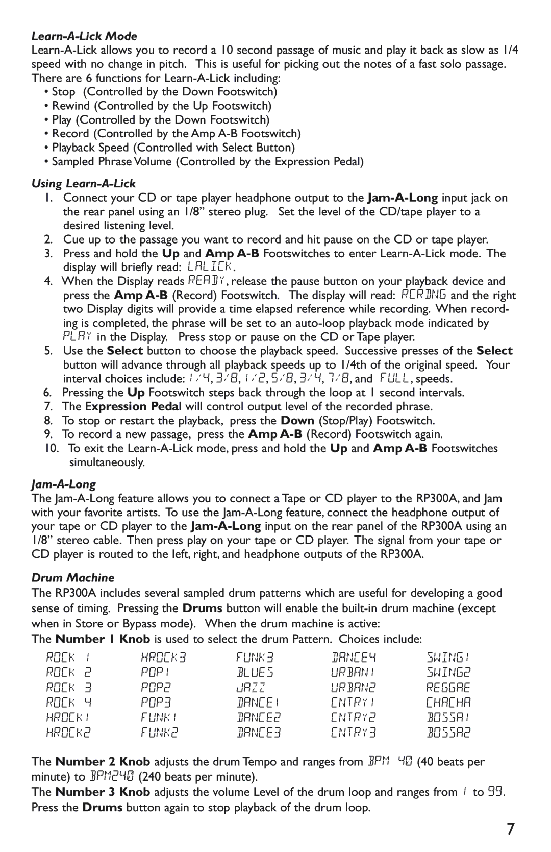 DigiTech RP300A manual Learn-A-Lick Mode, Using Learn-A-Lick, Jam-A-Long, Drum Machine 