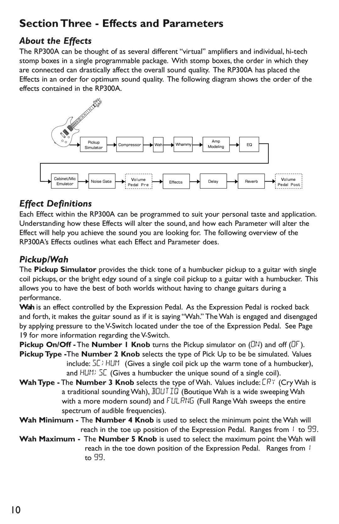 DigiTech RP300A manual Section Three Effects and Parameters, About the Effects, Effect Definitions, Pickup/Wah 