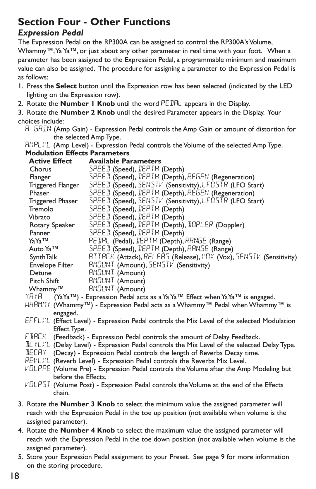 DigiTech RP300A manual Section Four Other Functions, Expression Pedal 