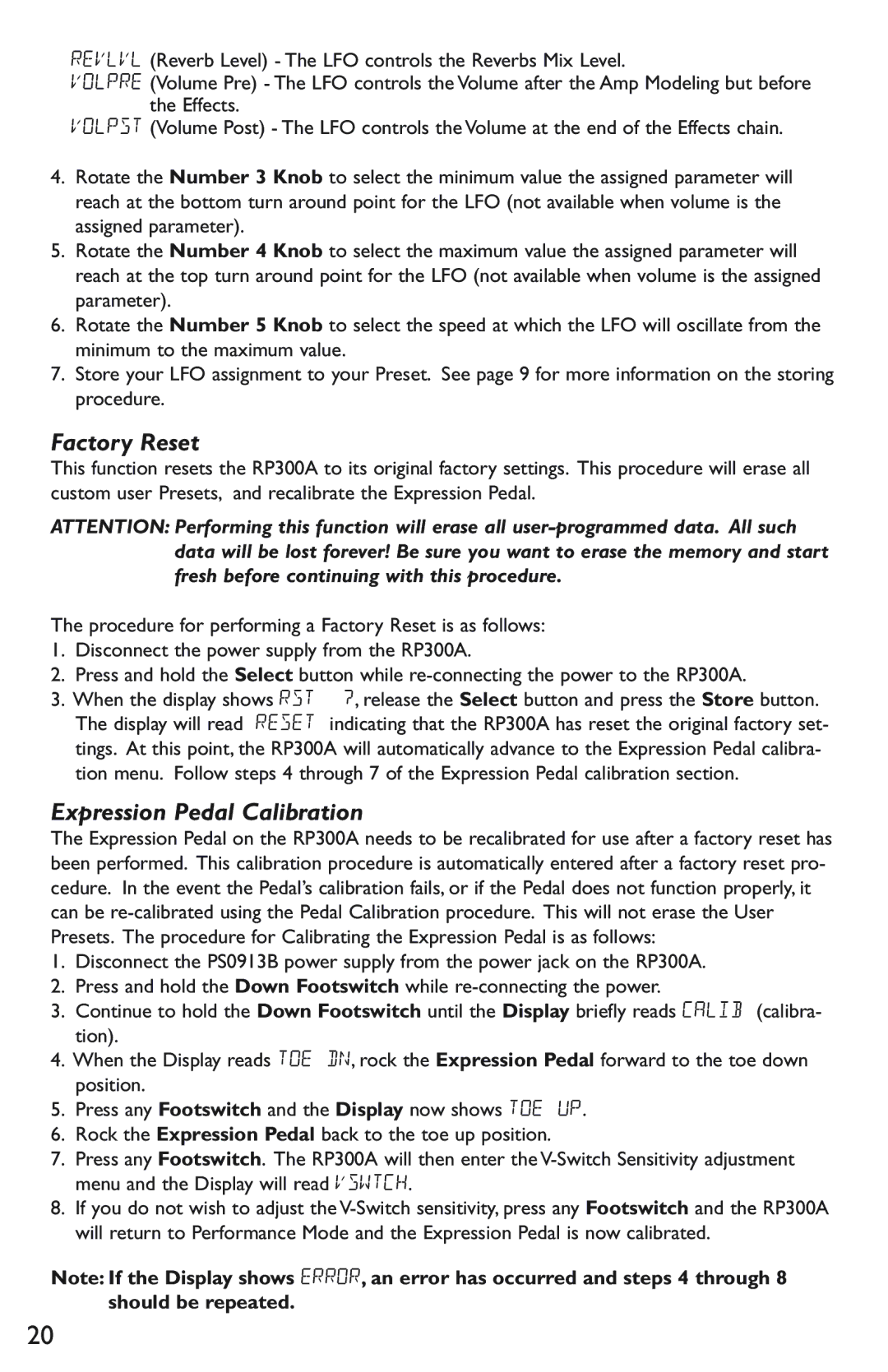 DigiTech RP300A manual Factory Reset, Expression Pedal Calibration 