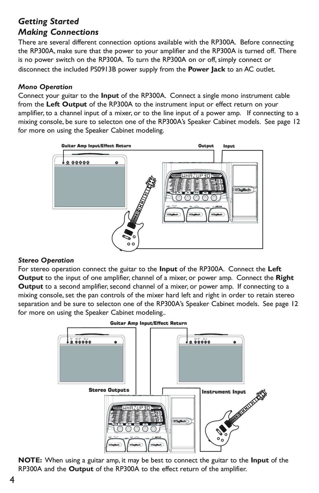 DigiTech RP300A manual Getting Started Making Connections, Mono Operation, Stereo Operation 