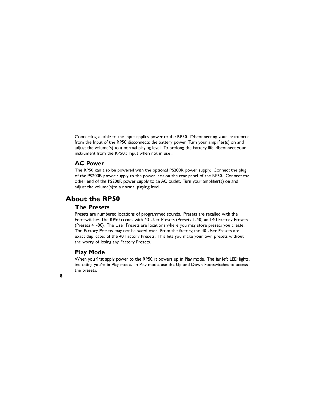 DigiTech manual About the RP50, AC Power, Presets, Play Mode 