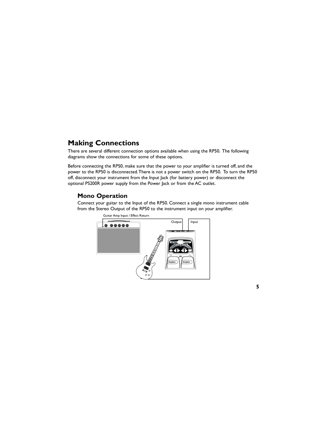 DigiTech RP50 manual Making Connections, Mono Operation 