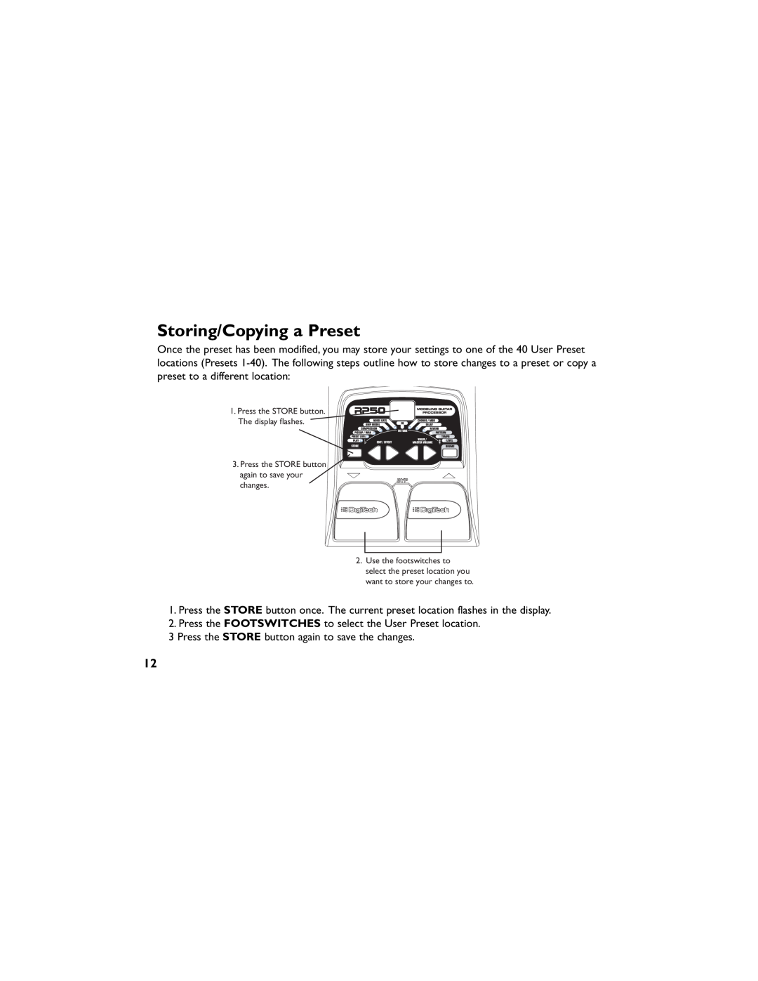 DigiTech RP50 manual Storing/Copying a Preset 