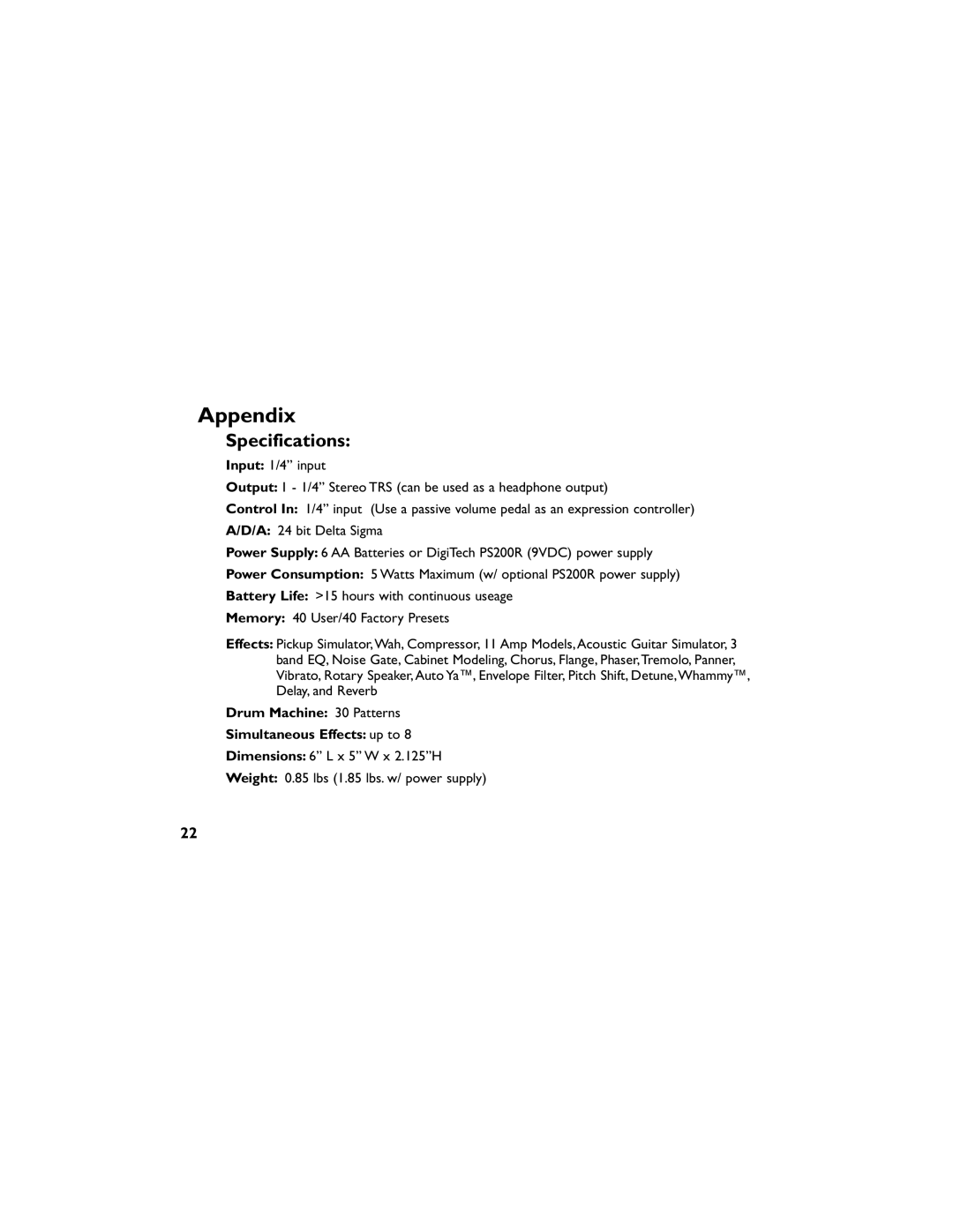 DigiTech RP50 manual Appendix, Specifications 