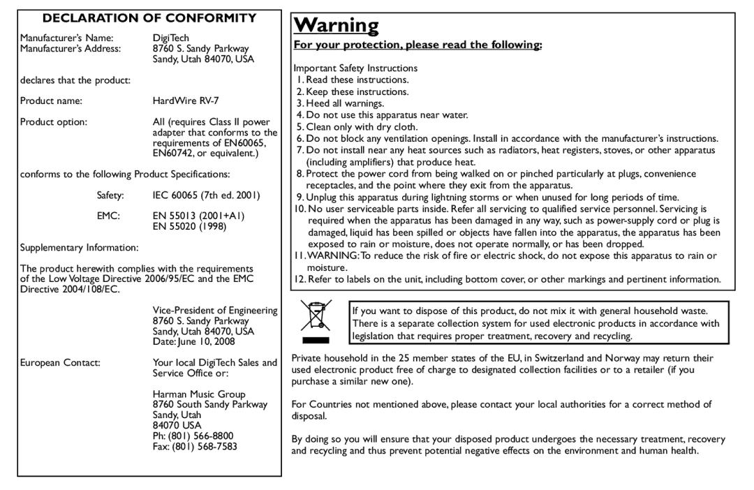 DigiTech RV-7 manual Declaration of Conformity 