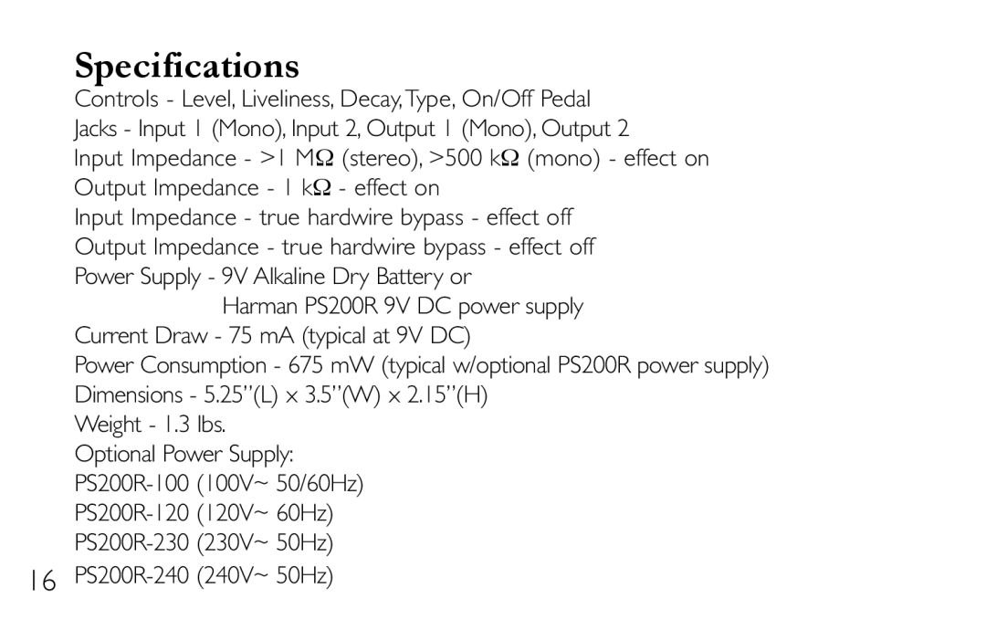 DigiTech RV-7 manual Specifications, 16 PS200R-240 240V~ 50Hz 