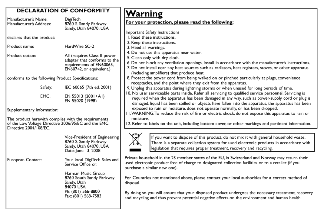 DigiTech SC-2 manual Declaration of Conformity 