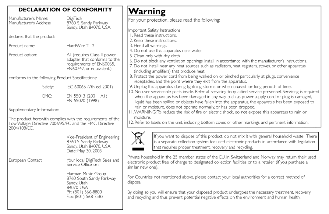 DigiTech TL-2 manual Declaration of Conformity 