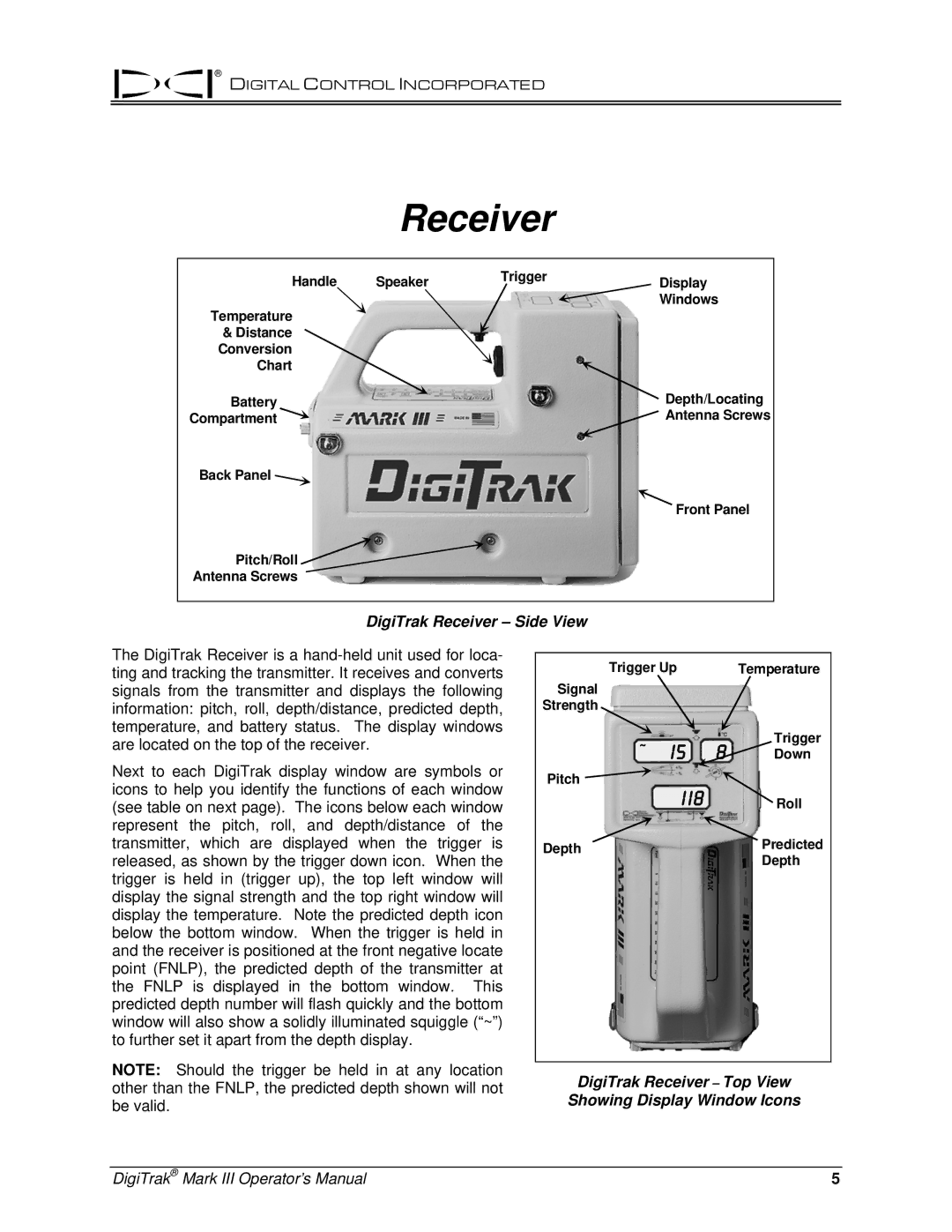 Digitrex 3-3000-00a-F manual DigiTrak Receiver Side View, DigiTrak Receiver Top View, Showing Display Window Icons 