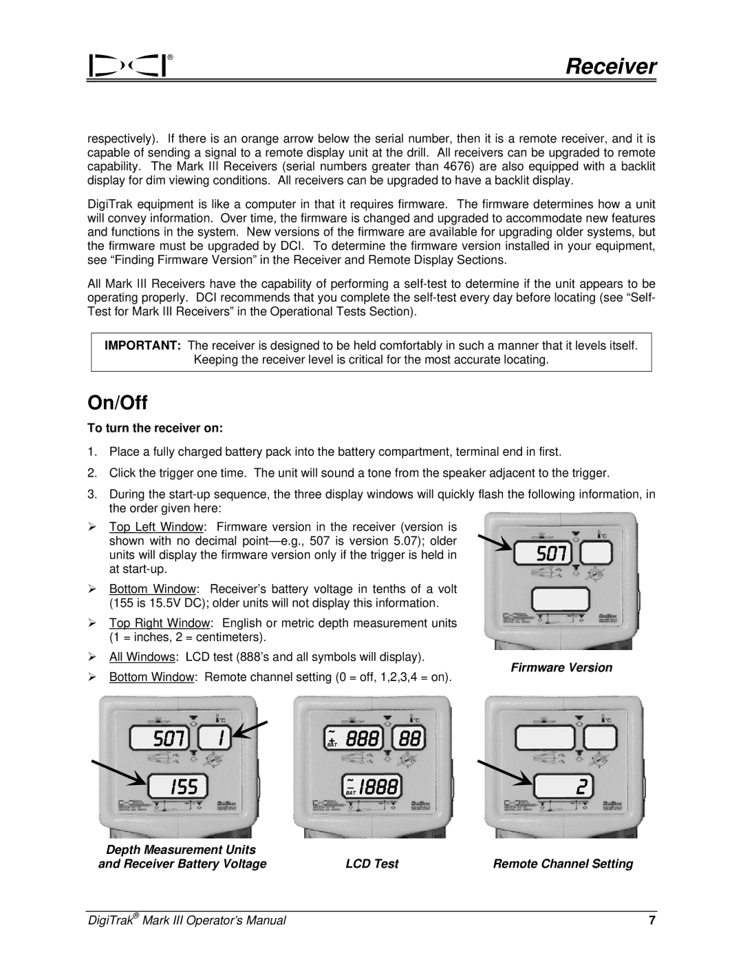 Digitrex 3-3000-00a-F manual On/Off, To turn the receiver on, Depth Measurement Units Receiver Battery Voltage LCD Test 