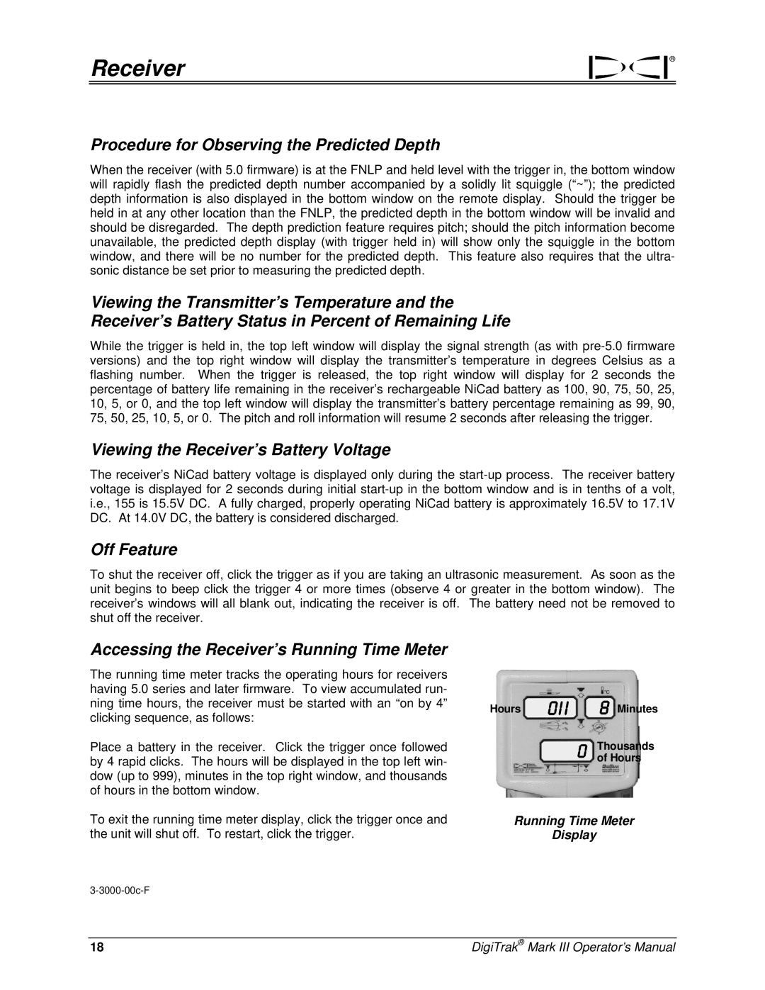 Digitrex 3-3000-00a-F manual Procedure for Observing the Predicted Depth, Running Time Meter Display 