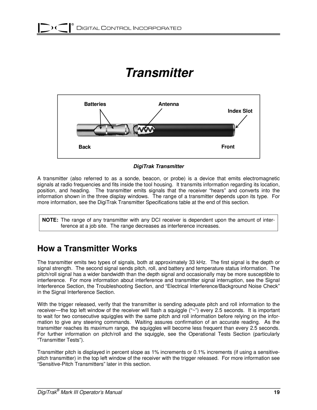 Digitrex 3-3000-00a-F manual How a Transmitter Works, BatteriesAntenna Index Slot Back Front, DigiTrak Transmitter 