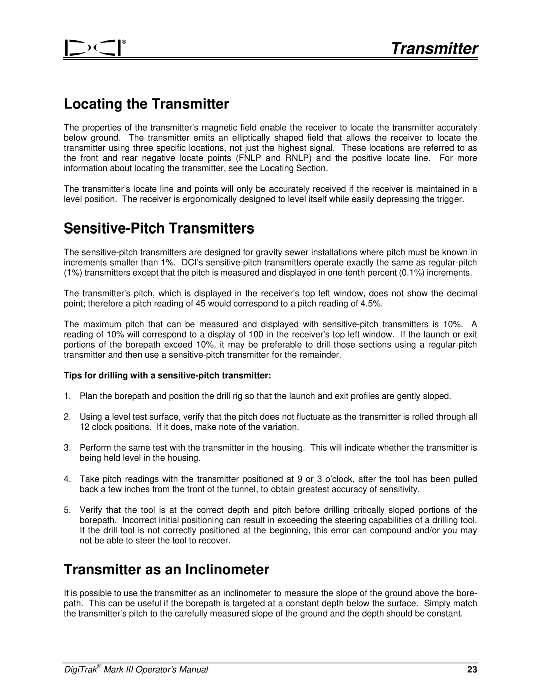 Digitrex 3-3000-00a-F manual Locating the Transmitter, Sensitive-Pitch Transmitters, Transmitter as an Inclinometer 