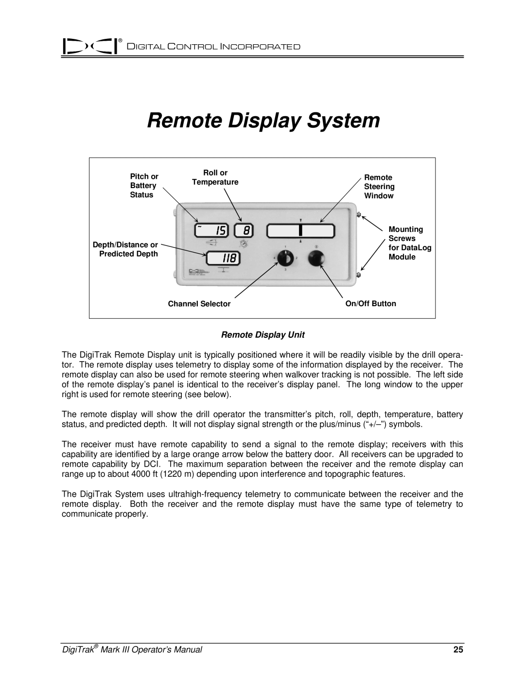 Digitrex 3-3000-00a-F manual Remote Display System, Remote Display Unit 