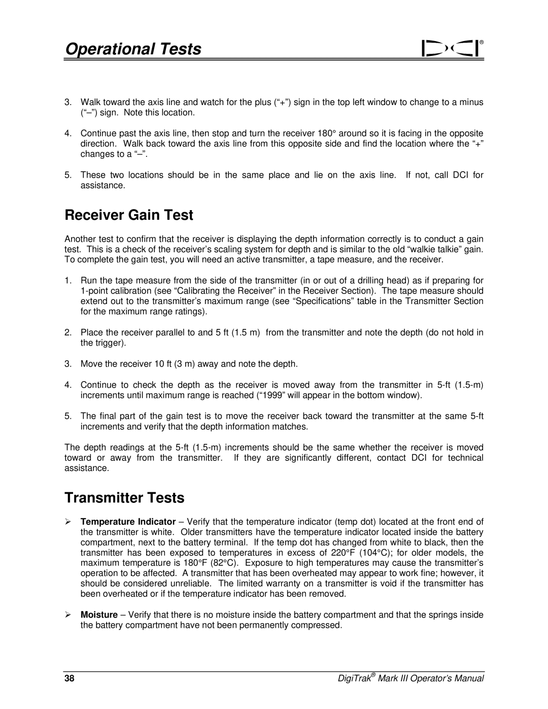 Digitrex 3-3000-00a-F manual Operational Tests, Receiver Gain Test, Transmitter Tests 