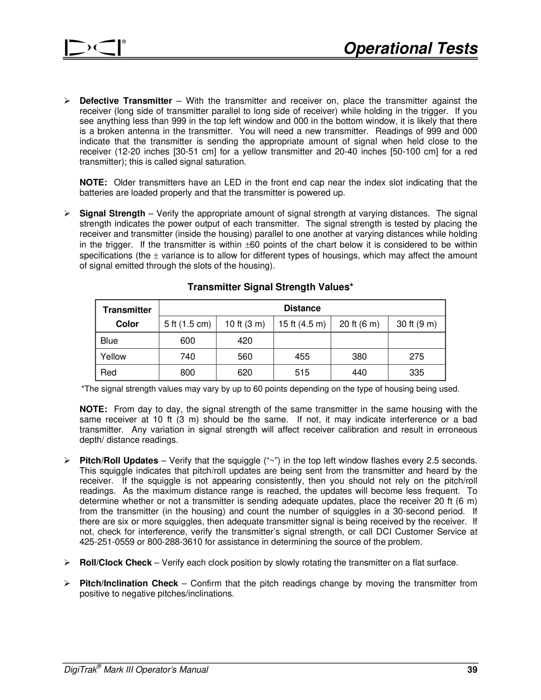 Digitrex 3-3000-00a-F manual Transmitter Signal Strength Values, Transmitter Distance Color 