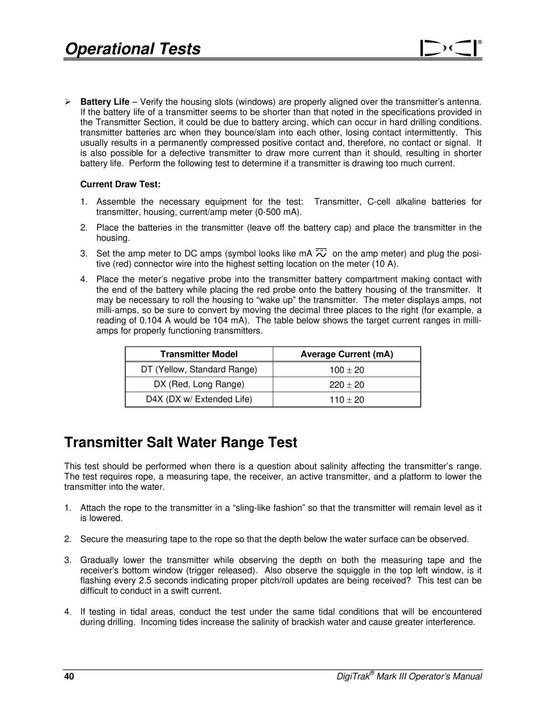 Digitrex 3-3000-00a-F manual Transmitter Salt Water Range Test, Current Draw Test, Transmitter Model Average Current mA 