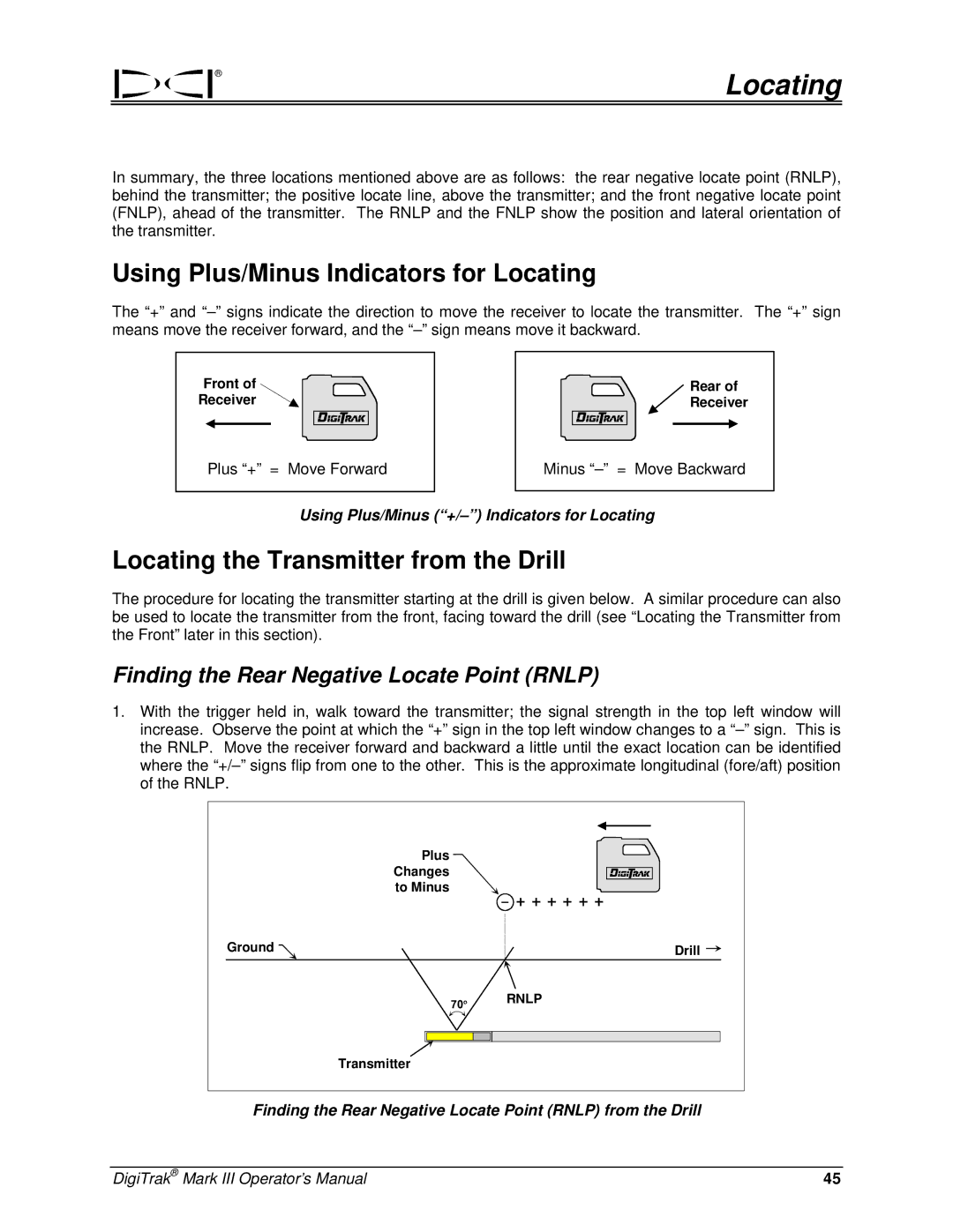 Digitrex 3-3000-00a-F manual Using Plus/Minus Indicators for Locating, Locating the Transmitter from the Drill 