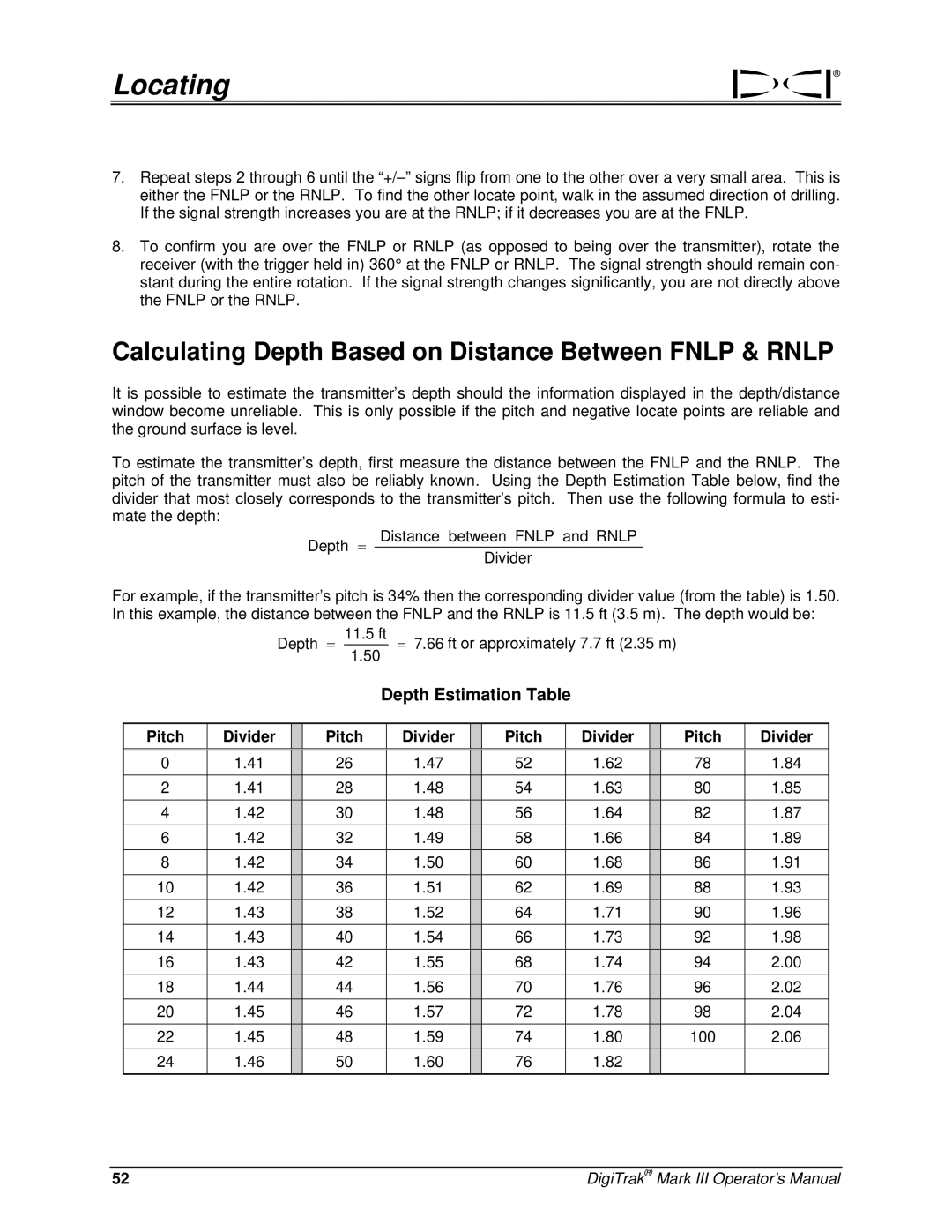 Digitrex 3-3000-00a-F manual Calculating Depth Based on Distance Between Fnlp & Rnlp, Pitch Divider 