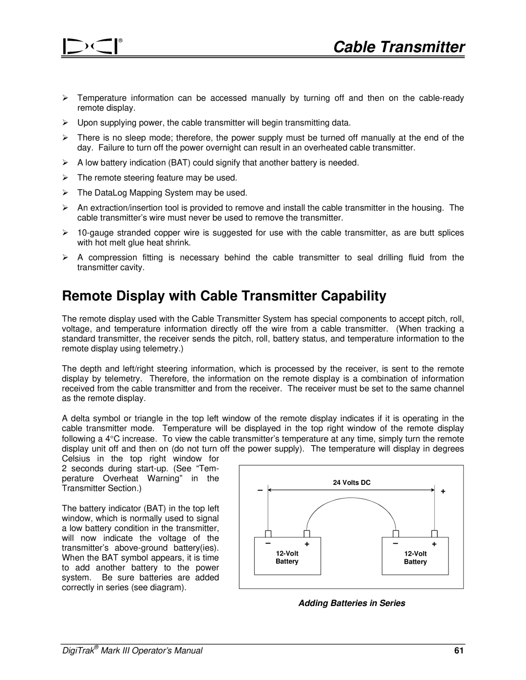 Digitrex 3-3000-00a-F manual Remote Display with Cable Transmitter Capability, Adding Batteries in Series 
